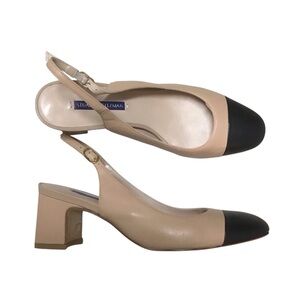 Stuart Weitzman Beige and Black Slingback Block Heel Pumps